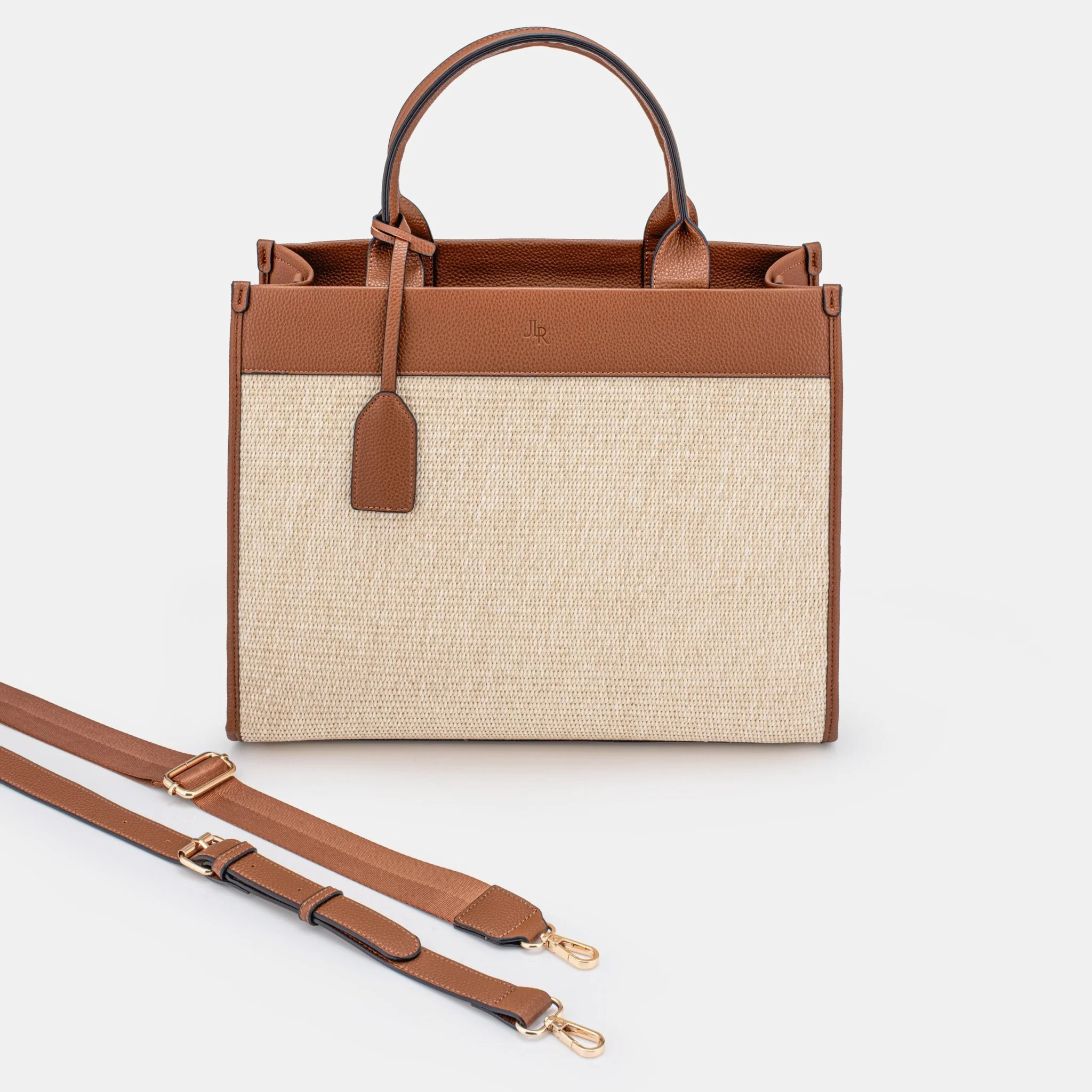 Capri Maxi Tan Luxe Vegan Leather and Raffia Tote Bag -Tan - Image 6