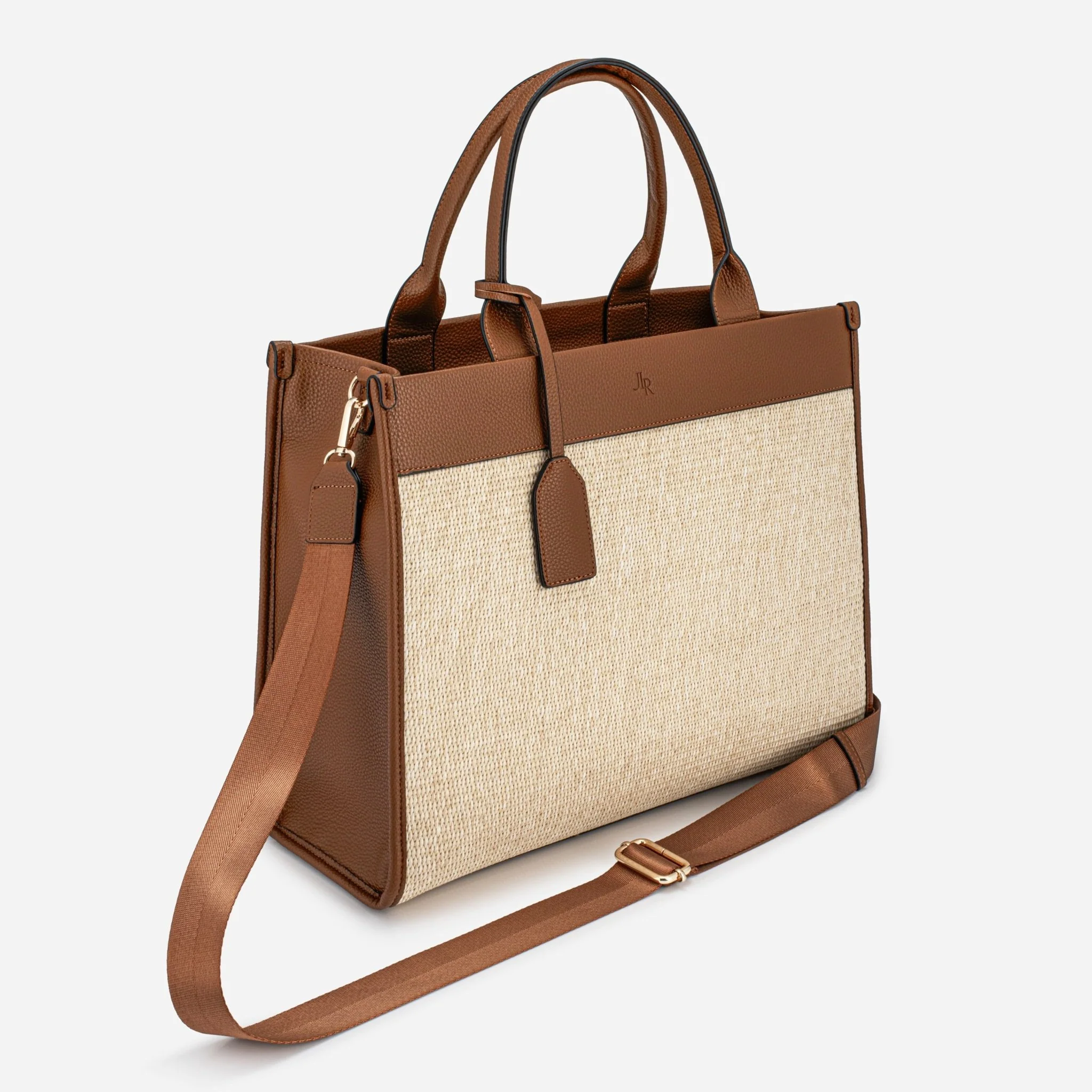 Capri Maxi Tan Luxe Vegan Leather and Raffia Tote Bag -Tan - Image 8