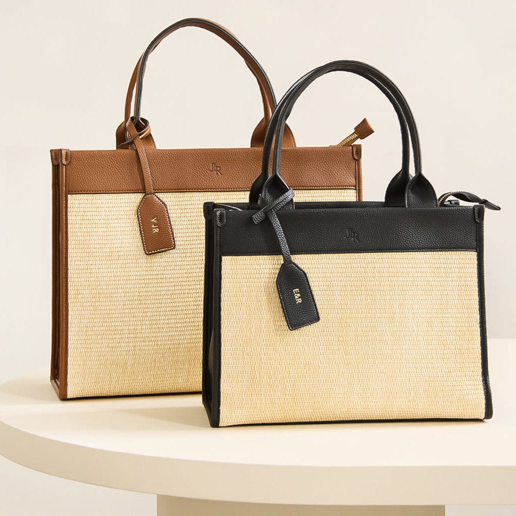 Capri Maxi Tan Luxe Vegan Leather and Raffia Tote Bag -Tan - Image 3