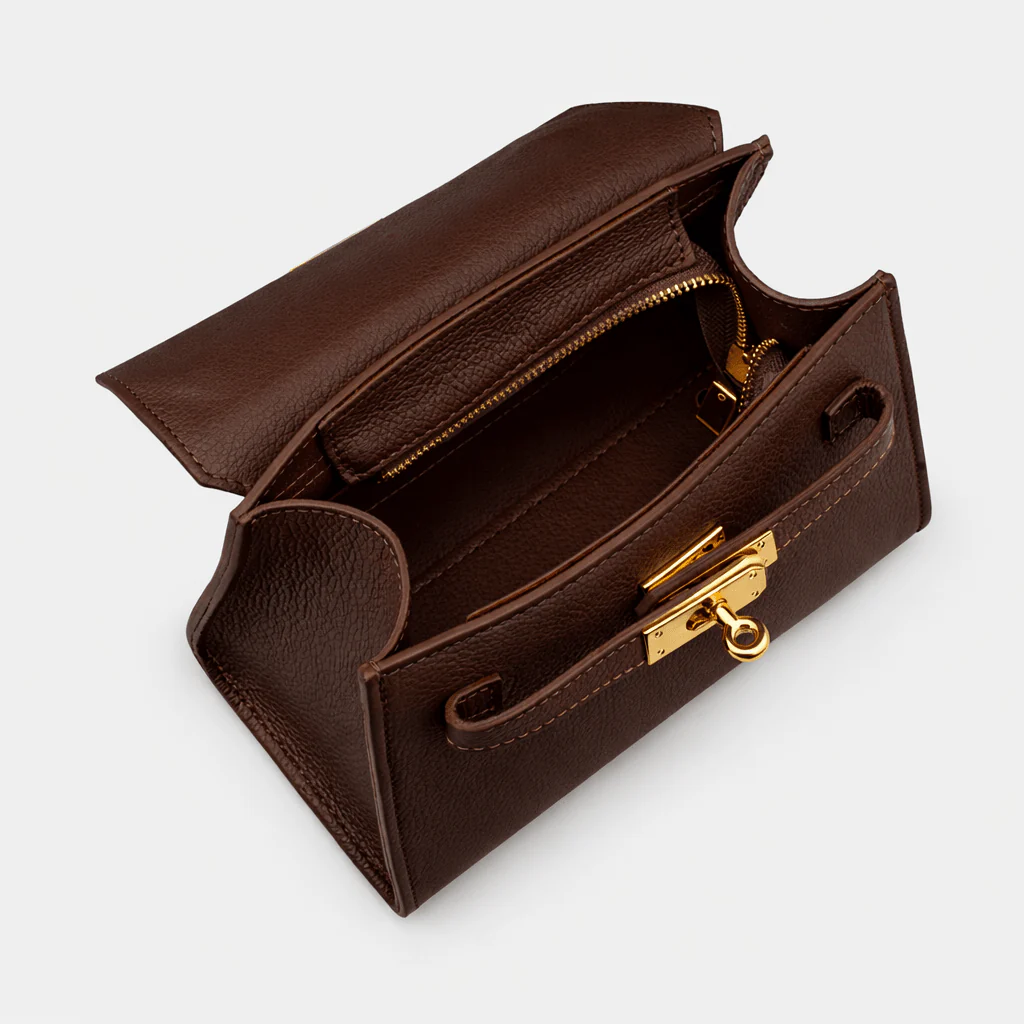 Elena Top Handle Luxe Leather Tote Bag - Dark Brown - Image 3