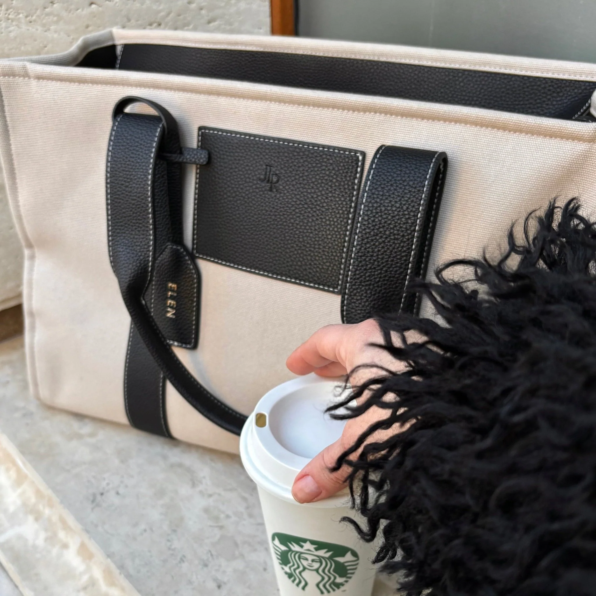 Porto Maxi Luxe Vegan Leather And Canvas Tote Bag - Black - Image 16